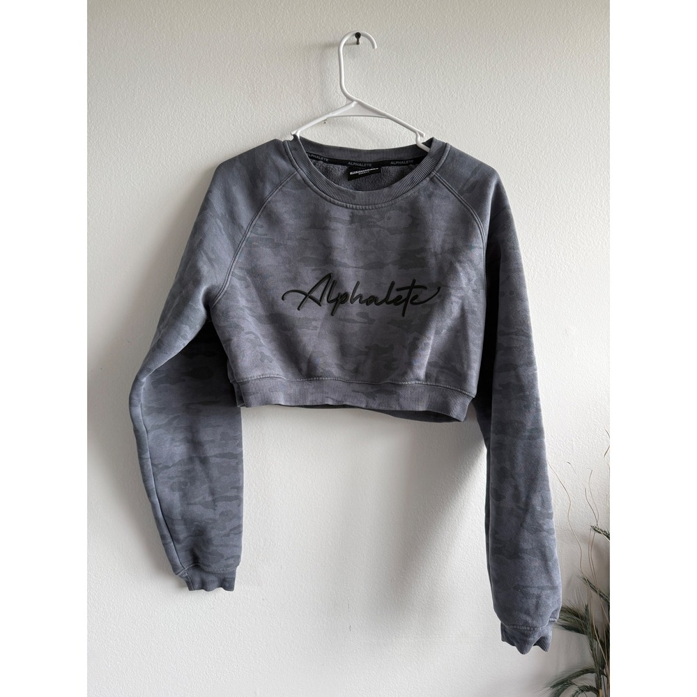Alphalete Womens‎ Gray Camo Cropped Sweatshirt Script Logo Small Gym Activewear